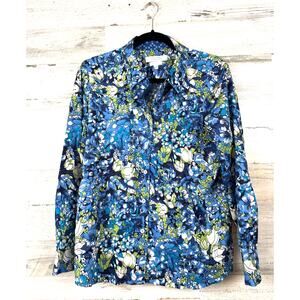 Foxcroft For Appleseed Womens 14 Petite Blue Floral Wrinkle Free Button Up Shirt